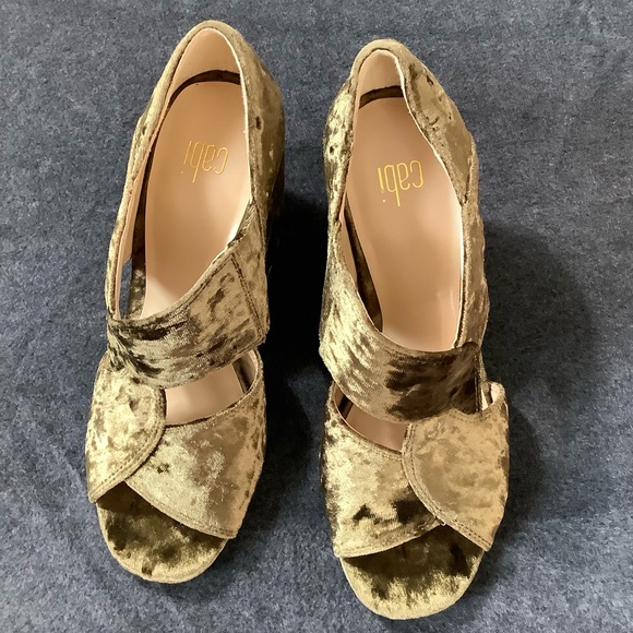 CAbi Interlock Olive Crushed Velvet Chunky Heel Shoes Open Toe Size 7 - Picture 2 of 14